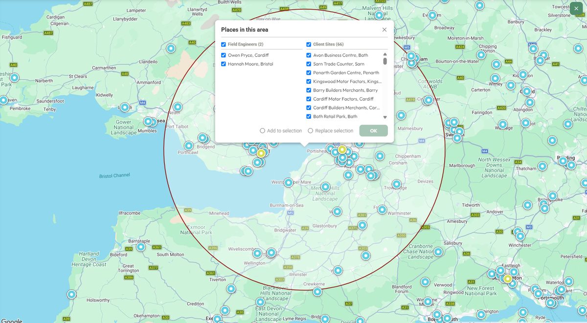 A drawn circle selection with a Places in this area review dialog